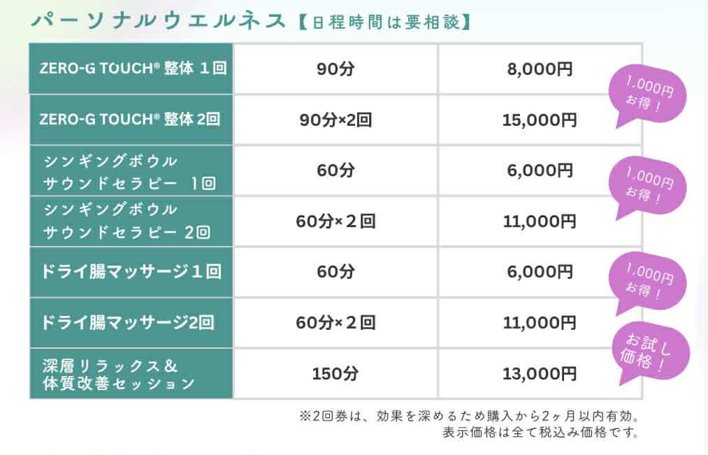 パーソナルウェルネス料金表